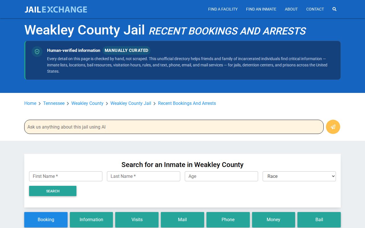 Weakley County same-day arrest booking information page