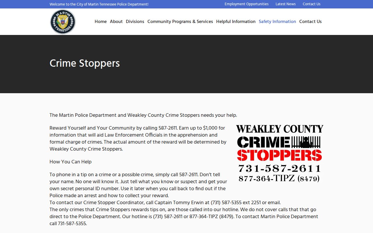 Martin and Weakley County arrest tip channel